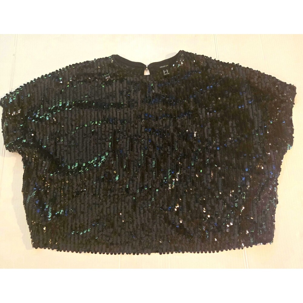 Forever 21+ Women's Black Solid Sequin Mesh Short Sleeve Crew Neck Keyhole 3X